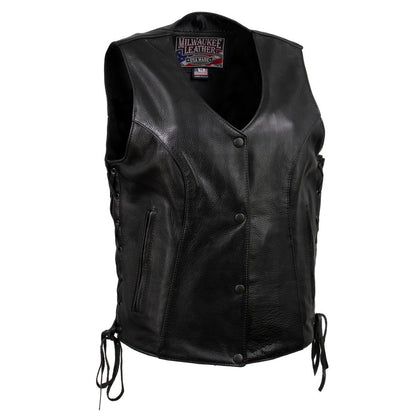 Milwaukee Leather USA MADE MLVSL5002 Women's Black 'Kitten' Leather Motorcycle Vest with Side Laces