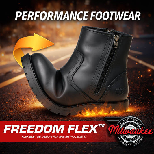 MMCC Men’s Kick Start 7” Black Top Grain Leather Motorcycle Boots - Dual YKK Zippers, Freedom Flex Toe - MBM9009