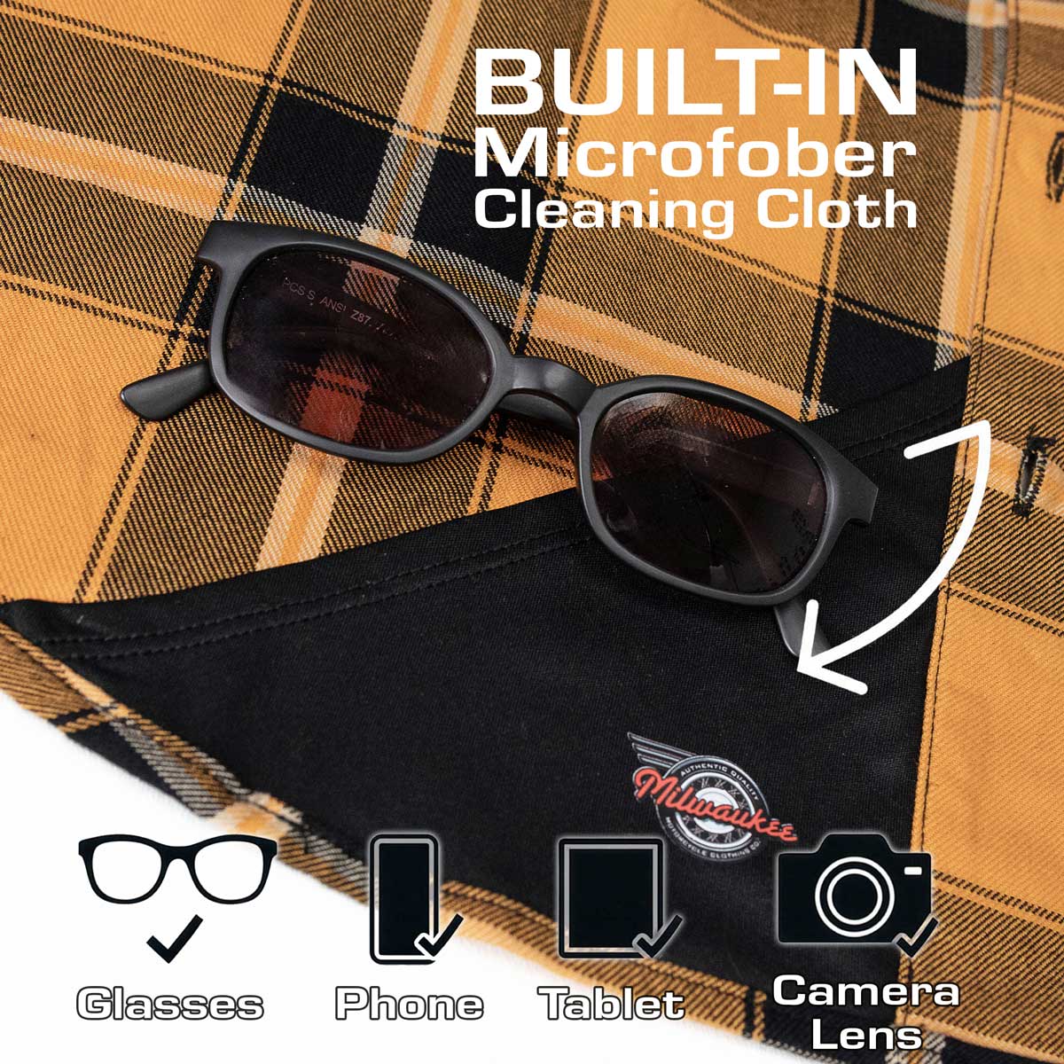 MMCC Deadbolt Men's Mustard Black White Plaid Flannel Shirt - 100% Cotton with Microfiber Wipe Panel - MMC11620