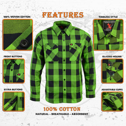 Milwaukee Leather MNG11656 Men's Flannel Plaid Black and Neon-Green Long Sleeve Cotton Button Down Shirt