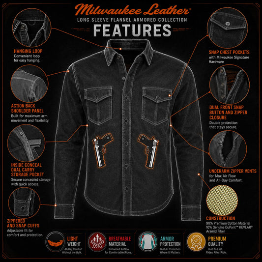 Milwaukee Leather MPM1623 Men's Black CE Armored Long Sleeve Biker Shirt Jacket Reinforced w/ Aramid Fibers