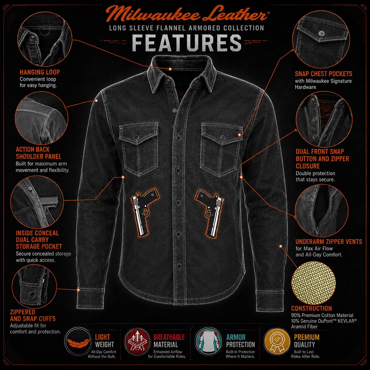 Milwaukee Leather MPM1621 Men's Grey CE Armored Long Sleeve Motorcycle Riders Shirt w/ Reinforced w/ Aramid Fibers