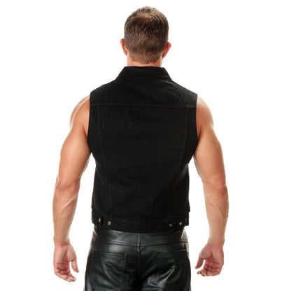 Xelement B285 Men's 'Dirty' Black Denim Motorcycle Rider Vest with Shirt Collar