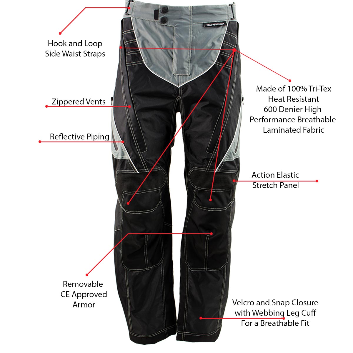 Milwaukee Leather MPM5730 Men's Black and Grey Tri-Tex Fabric Motorcycle Rider Pants w/ CE Armor Protection