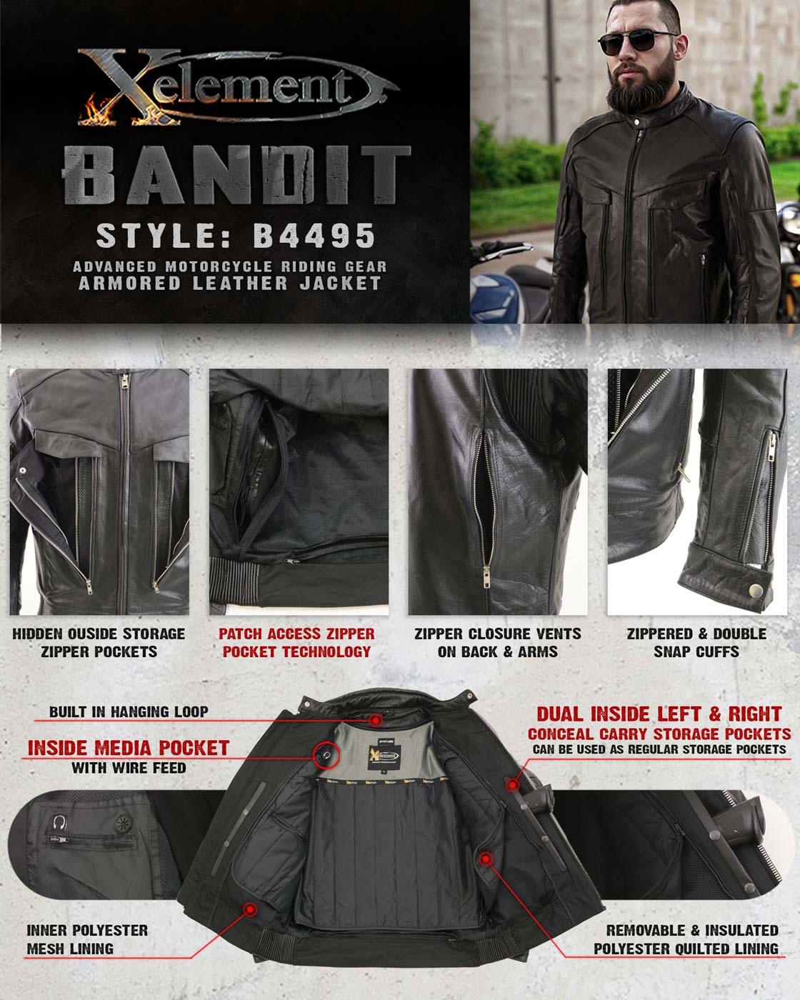 Xelement B4495 Men's Black 'Bandit' Buffalo Leather Cruiser Motorcycle Jacket with X-Armor Protection