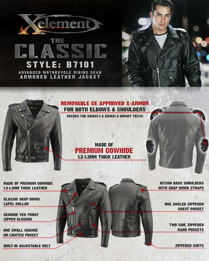 Xelement B7101 Men's 'Classic Armored' Black High-Grade Leather Motorcycle Biker Jacket with X-Armor Protection