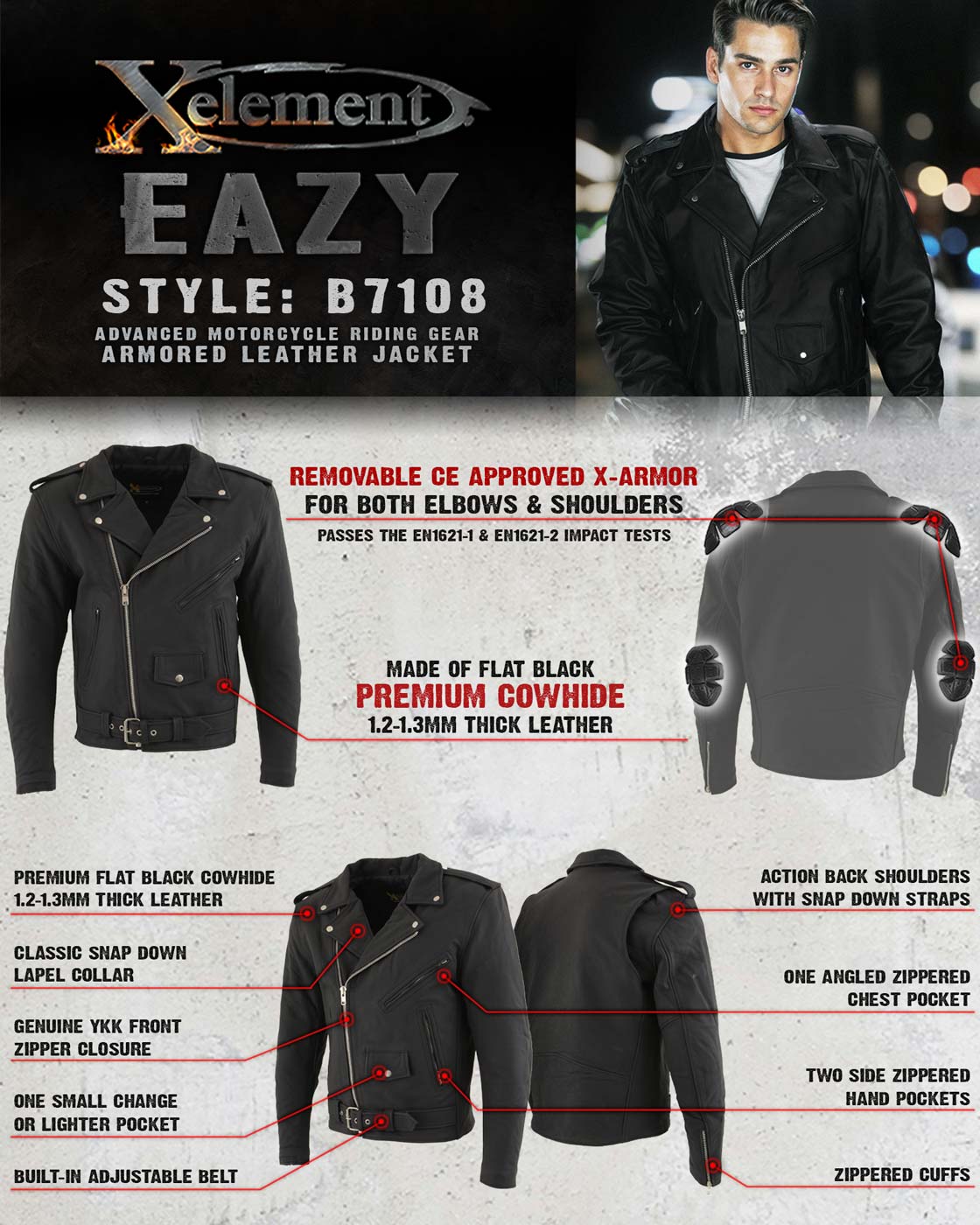 Xelement B7108 Men's 'Eazy' Flat Black Motorcycle Leather Jacket with Protective X-Armor