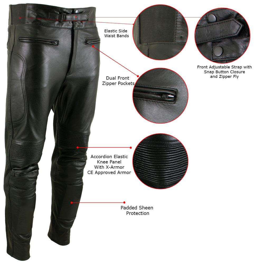 Milwaukee Leather LKM5713 Men's Premium Black Cowhide Leather Racing Pants w/ CE Armor Knee Protection