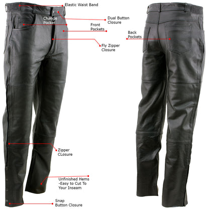 Xelement B7470 Men's Black Premium Leather Motorcycle Over Pants with Side Zipper and Snaps