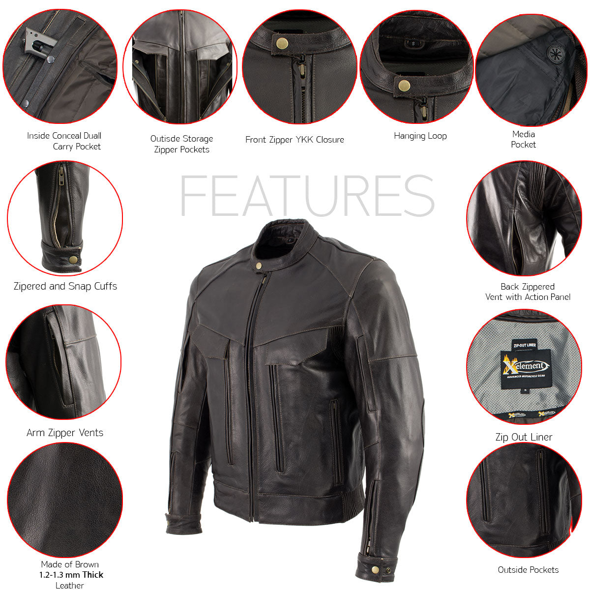 Xelement B7496 Men's 'Bandit' Retro Distressed Brown Leather Jacket with X-Armor Protection