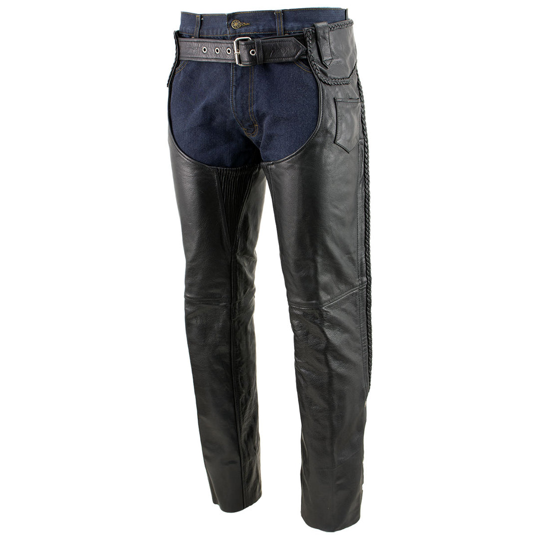 Milwaukee Leather Men's Braidline Black Buffalo Leather Motorcycle Chaps w/ Elastic Thigh Panels - LKM5724
