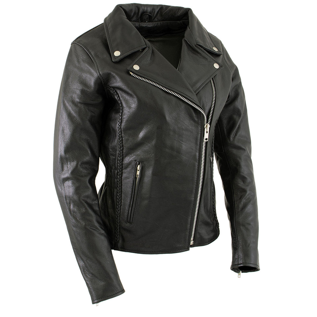 Milwaukee Leather LKL27001 Women's Classic Braided Premium Black Leather Fitted Motorcycle Riders Biker Jacket