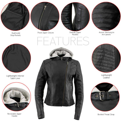 Xelement B91044 Women's ‘Quilt’ Black Leather Motorcycle Biker Racer Style Scuba Jacket with Hoodie