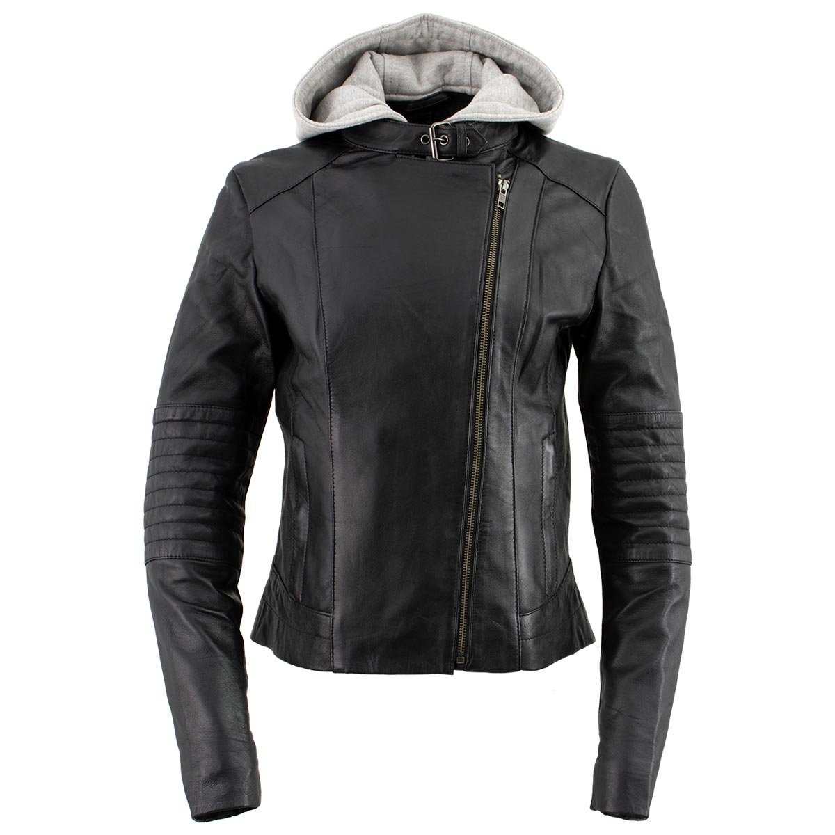Xelement B91044 Women's ‘Quilt’ Black Leather Motorcycle Biker Racer Style Scuba Jacket with Hoodie