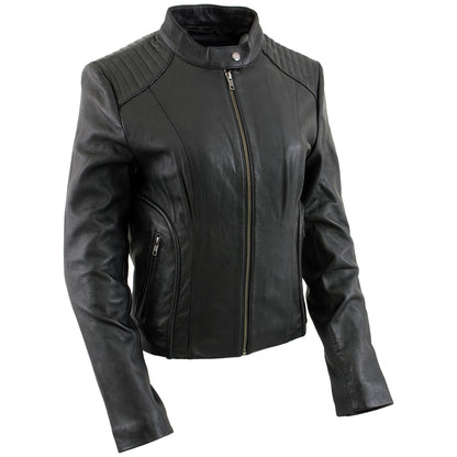 Xelement B91055 Women's ‘Keeper’ Black Leather Scuba Style Biker Jacket with Snap Mandarin Collar