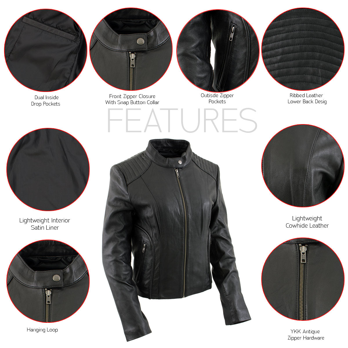 Xelement B91055 Women's ‘Keeper’ Black Leather Scuba Style Biker Jacket with Snap Mandarin Collar