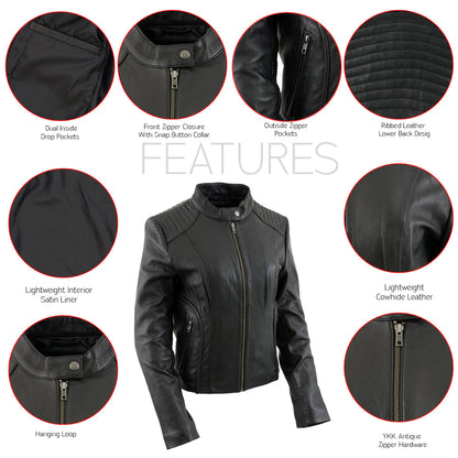 Xelement B91055 Women's ‘Keeper’ Black Leather Scuba Style Biker Jacket with Snap Mandarin Collar