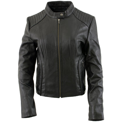 Xelement B91055 Women's ‘Keeper’ Black Leather Scuba Style Biker Jacket with Snap Mandarin Collar