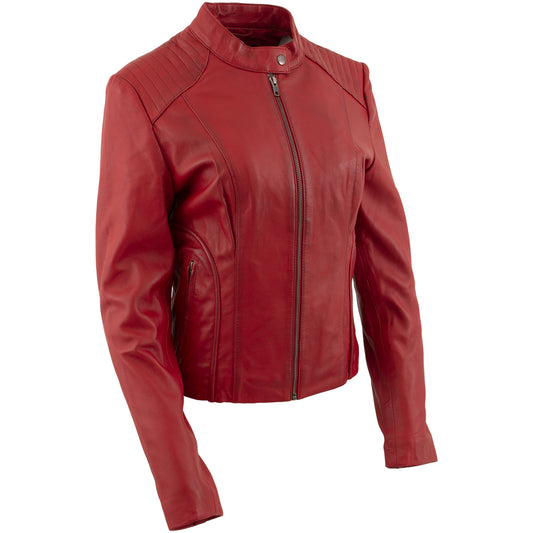 Milwaukee Leather LKL2738 Women's Red Premium Leather Scuba Style Biker Jacket w/ Mandarin Collar