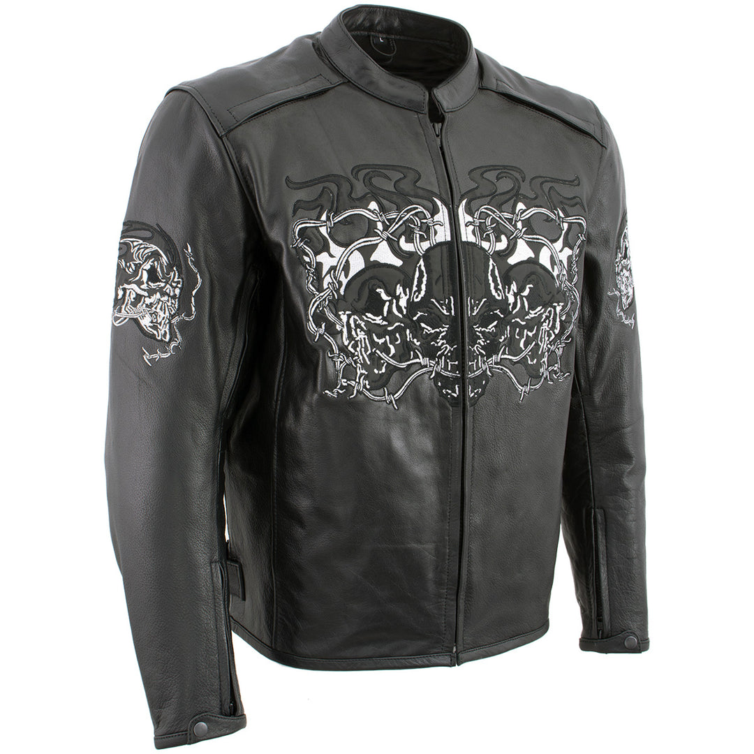 Milwaukee Leather LKM17008 Men's Premium Black Reflective Skulls Cruiser Style Motorcycle Jacket w/ CE Armor
