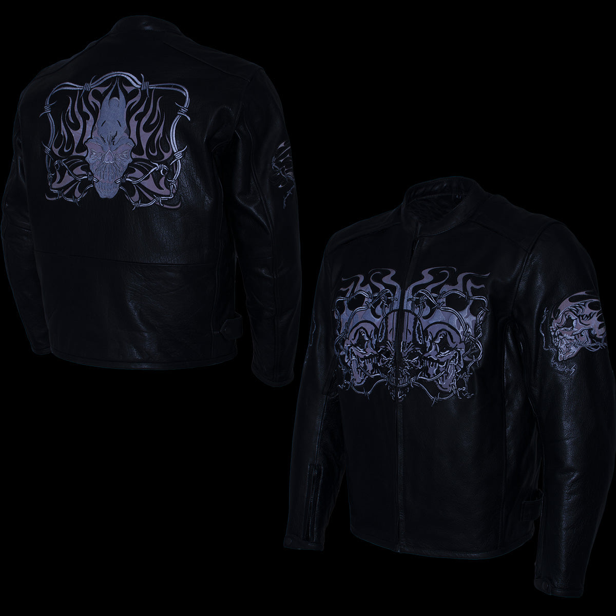 Xelement B95010 Men's 'Bones' Black Armored Cruiser Motorcycle Jacket with Reflective Skulls