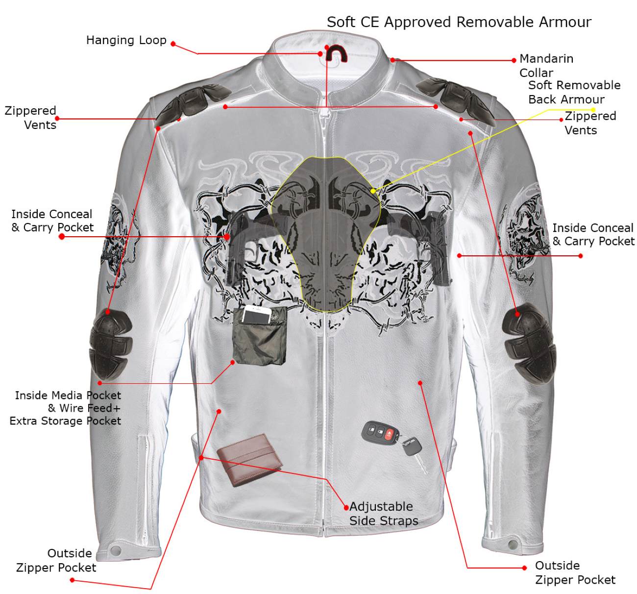 Milwaukee Leather LKM17008 Men's Premium Black Reflective Skulls Cruiser Style Motorcycle Jacket w/ CE Armor