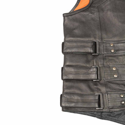 Biker Hill BAM3530 Men's Swat-Tactical Style Black Motorcycle Leather Rider Vest