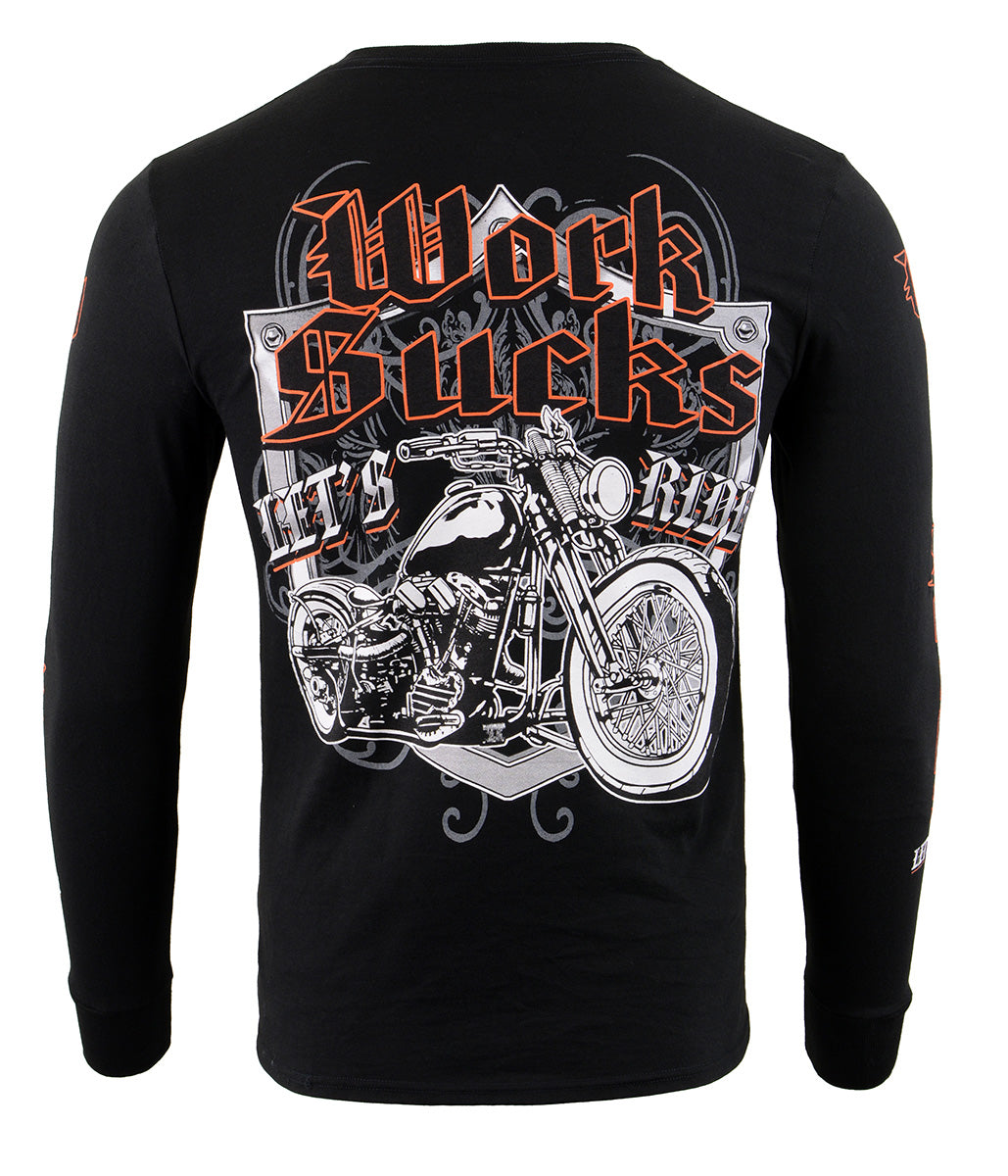 Biker Clothing Co. BCC117004 Men's Black 'Work Sucks, Let's Ride ' Long Sleeve T-Shirt