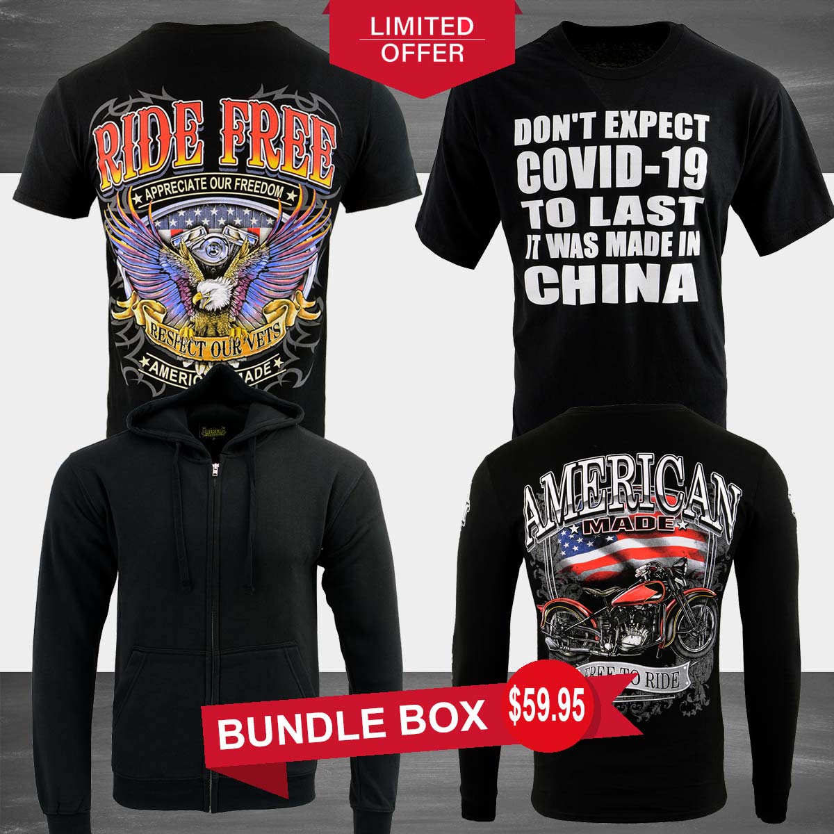 Men’s Box-5 Biker Clothing Co. Short Sleeve, Long Sleeve and Hoodie Bundle Box