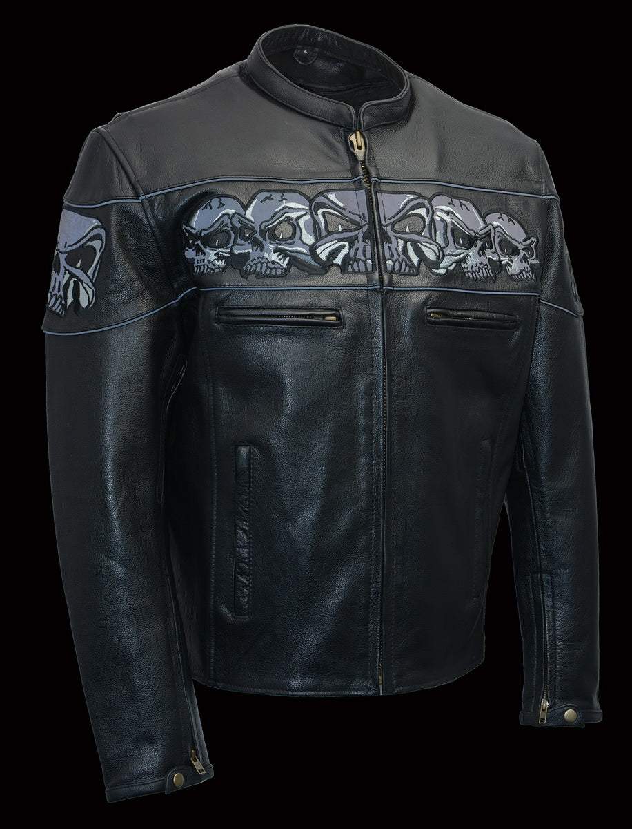 M Boss Motorcycle Apparel BOS11514 Men’s Black Reflective Skull Premium Cowhide Leather Motorcycle Jacket