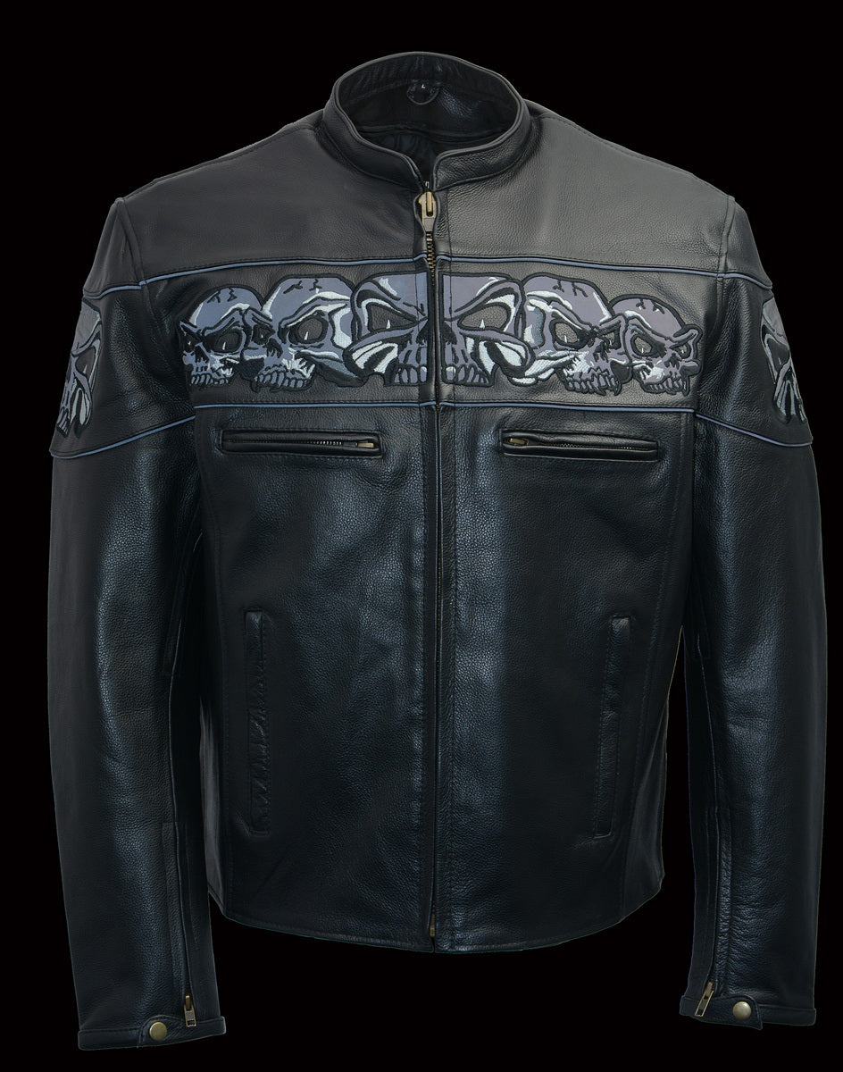 M Boss Motorcycle Apparel BOS11514 Men’s Black Reflective Skull Premium Cowhide Leather Motorcycle Jacket