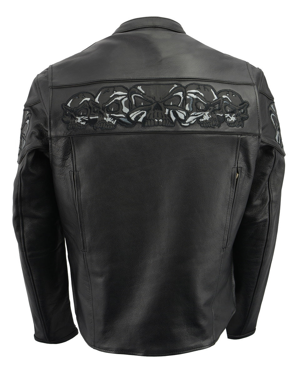 M Boss Motorcycle Apparel BOS11514 Men’s Black Reflective Skull Premium Cowhide Leather Motorcycle Jacket