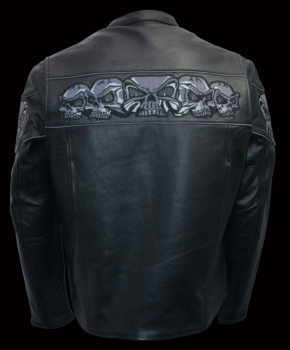 M Boss Motorcycle Apparel BOS11514 Men’s Black Reflective Skull Premium Cowhide Leather Motorcycle Jacket