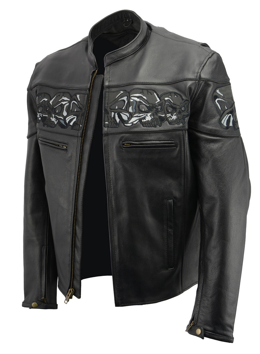 M Boss Motorcycle Apparel BOS11514 Men’s Black Reflective Skull Premium Cowhide Leather Motorcycle Jacket