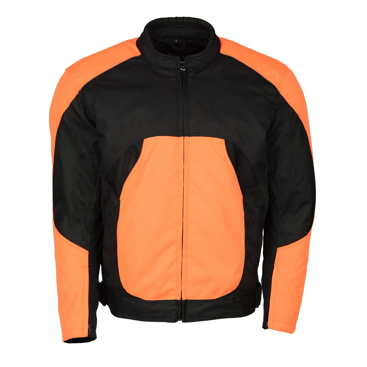 M Boss Motorcycle Apparel BOS11701 Men's High-Vis Orange Nylon Motorcycle Racer Riding Jacket with Mesh Panel Black