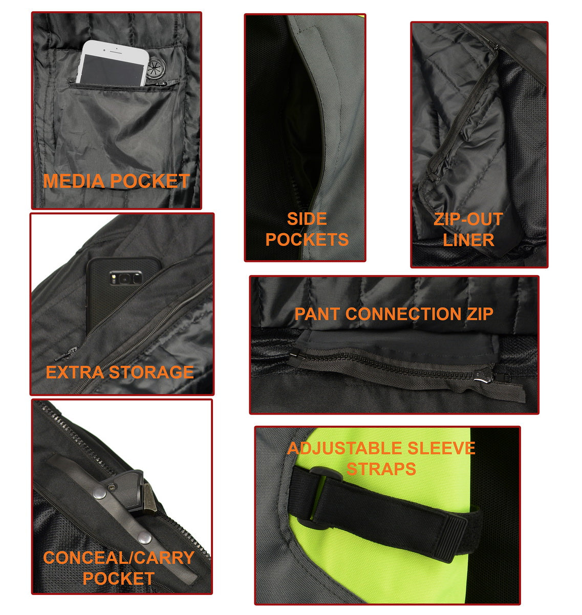 M Boss Motorcycle Apparel BOS11706 Men's Grey/Hi-Vis Orange Nylon Motorcycle Racer Jacket with Armor Protection