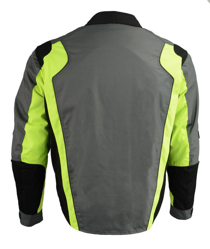 M Boss Motorcycle Apparel BOS11706 Men's Grey/Hi-Vis Green Nylon Motorcycle Racer Jacket with Armor Protection