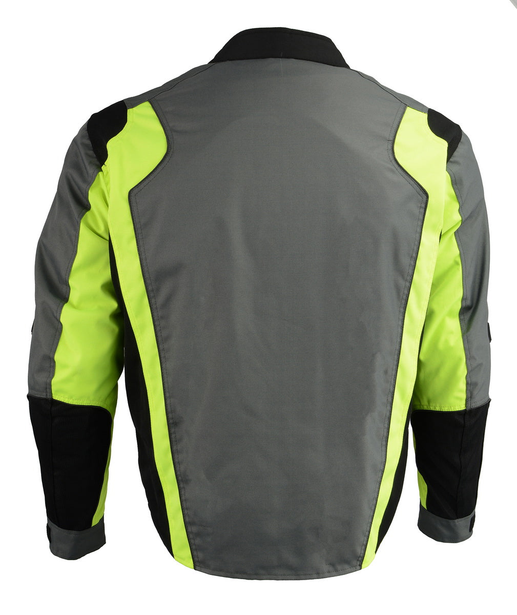 M Boss Motorcycle Apparel BOS11706 Men's Hi-Vis Green Nylon Motorcycle Racer Jacket with Armor Protection