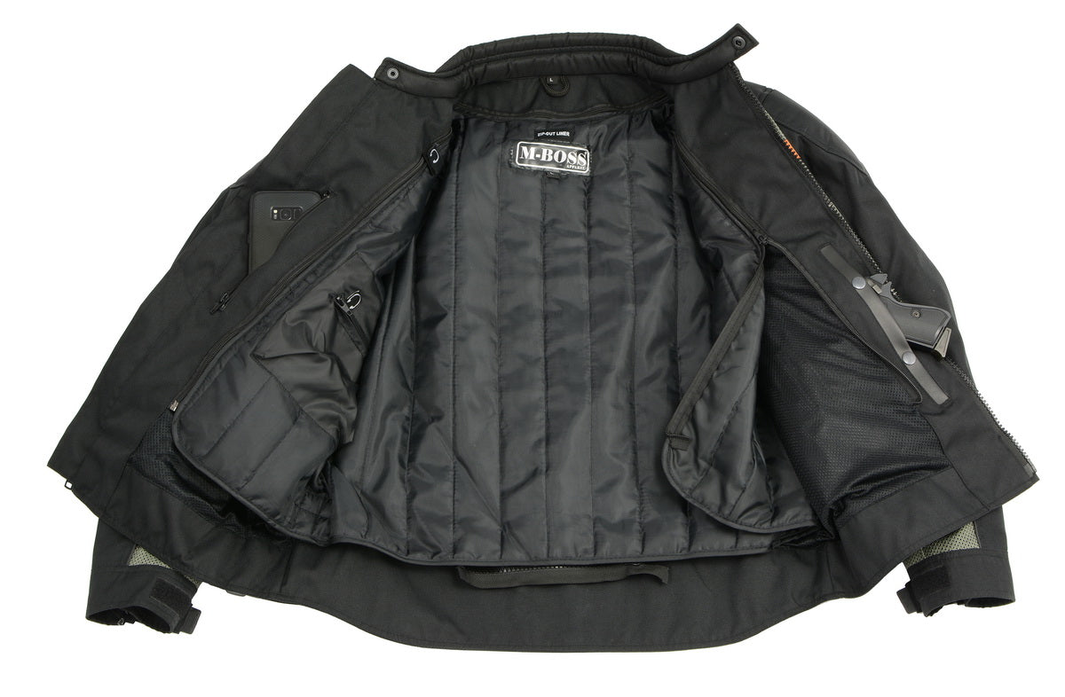 M Boss Motorcycle Apparel BOS11707 Men's Armored Black and Grey Nylon and Mesh Racer Jacket