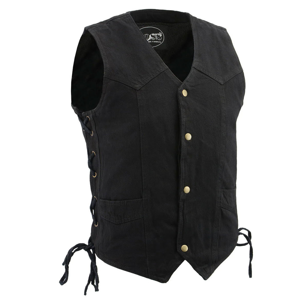 M Boss Motorcycle Apparel BOS13003 Men's Black Denim Motorcycle Side Lace Vest with Quick Draw Pocket