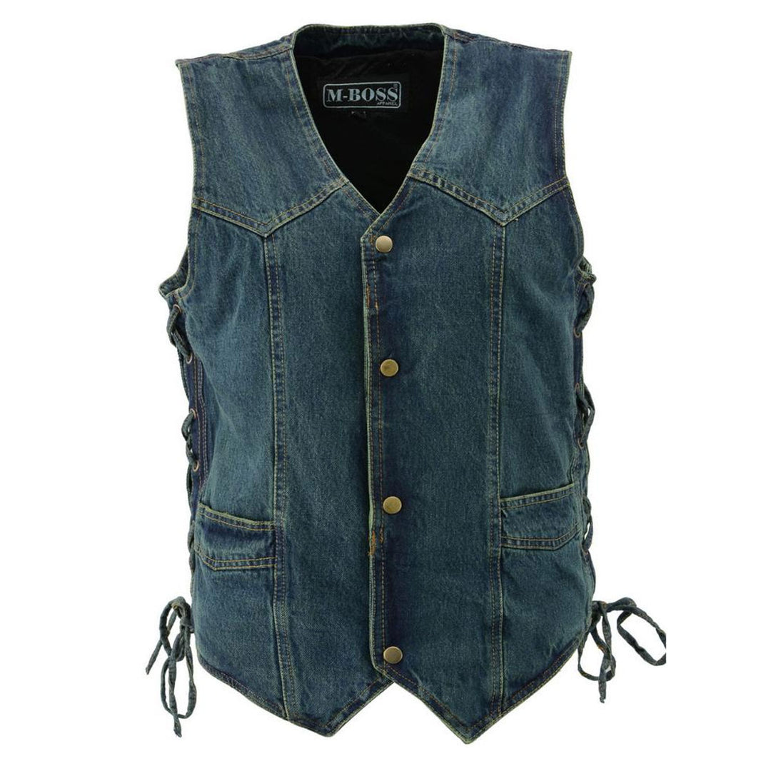M Boss Motorcycle Apparel BOS13003 Men's Blue Denim Motorcycle Side Lace Vest with Quick Draw Pocket