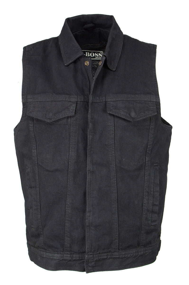 M Boss Motorcycle Apparel BOS13004 Men's Black Denim Motorcycle Side Lace Vest with Shirt Style Collar