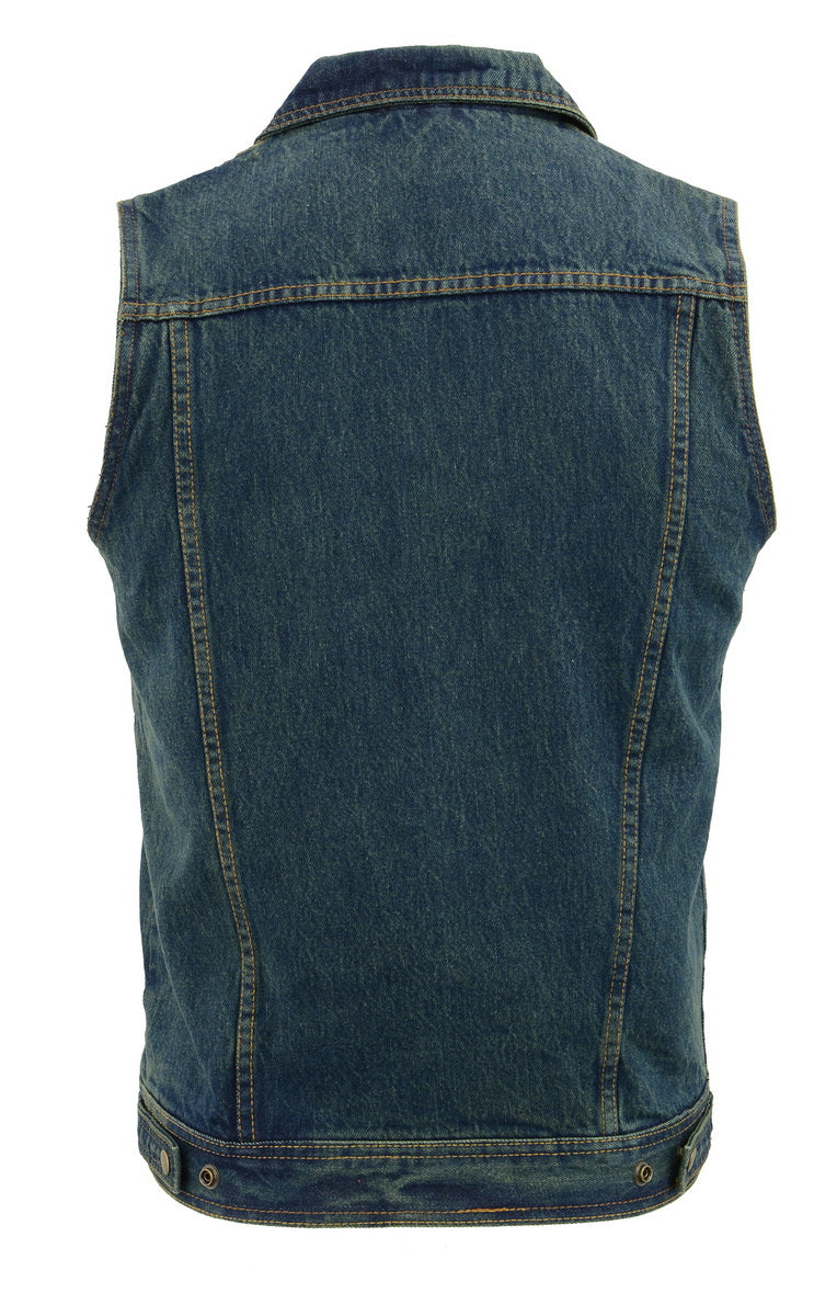 M Boss Motorcycle Apparel BOS13004 Men's Blue Denim Motorcycle Side Lace Vest with Shirt Style Collar