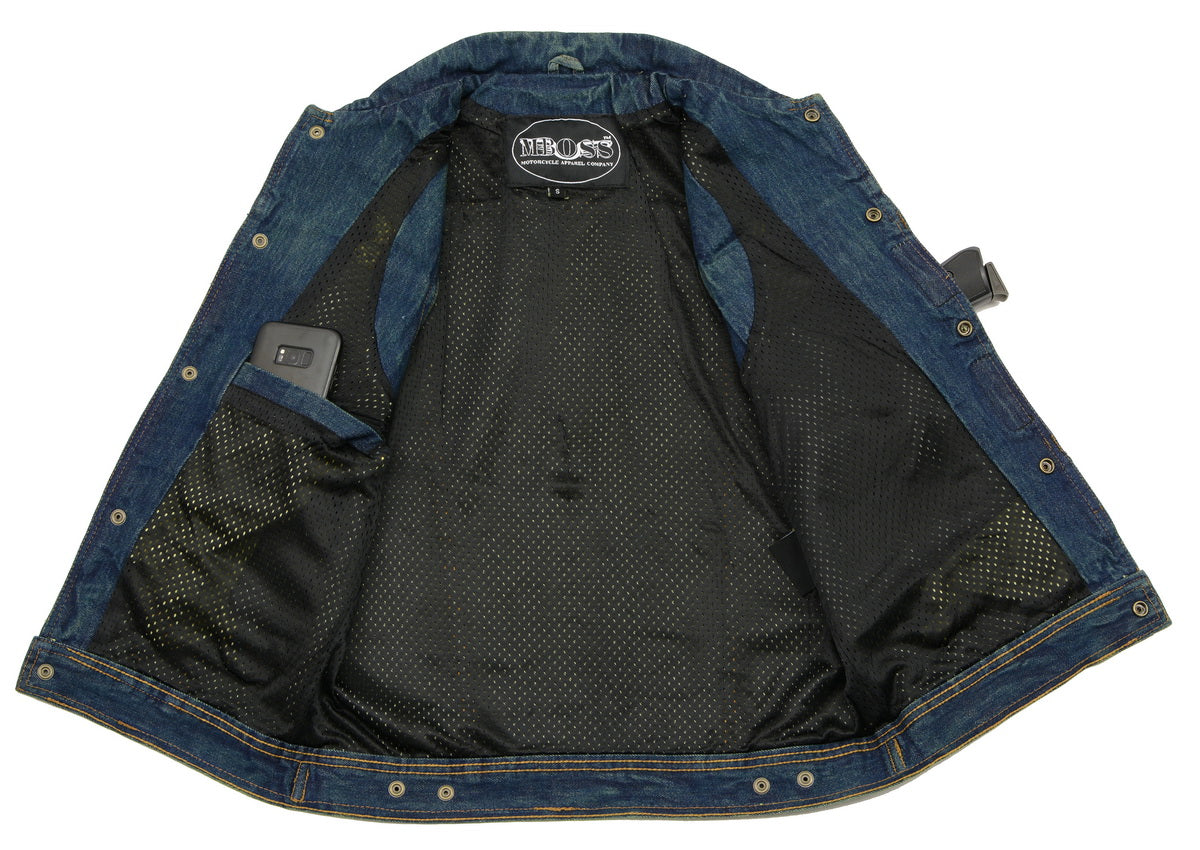 M Boss Motorcycle Apparel BOS13004 Men's Blue Denim Motorcycle Side Lace Vest with Shirt Style Collar