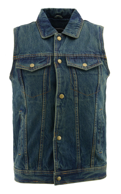 M Boss Motorcycle Apparel BOS13004 Men's Blue Denim Motorcycle Side Lace Vest with Shirt Style Collar