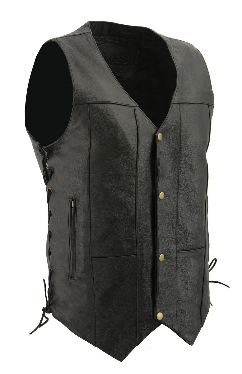 M Boss Motorcycle Apparel BOS13508 Men's Black Side Lace Leather Vest with Quick Draw Pocket