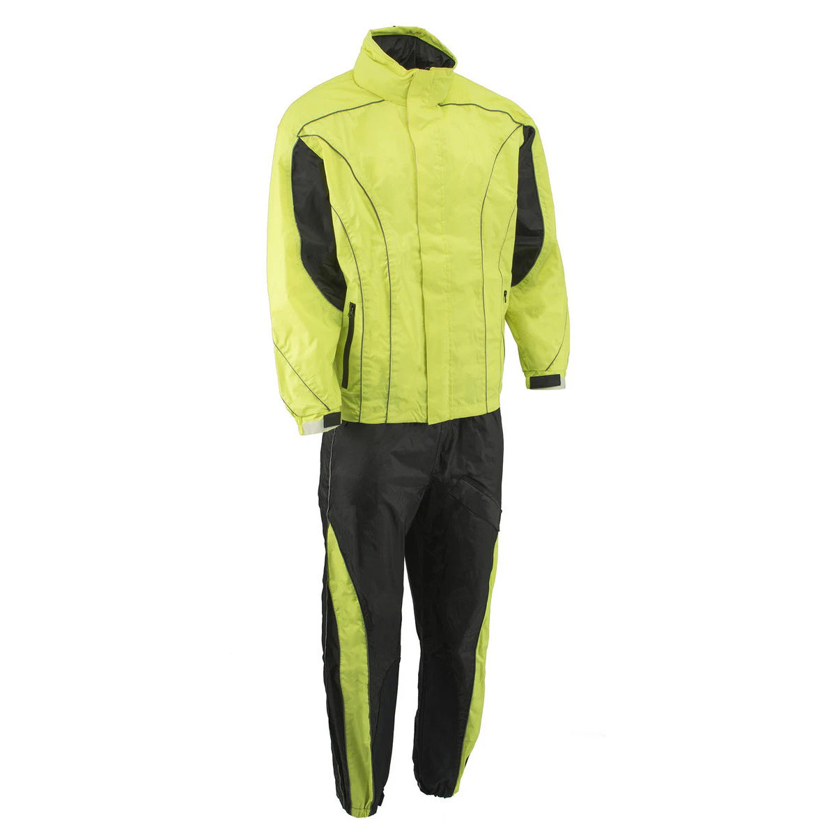 M Boss Motorcycle Apparel BOS19501 Men’s Black and High-Viz Green Two-Piece Motorcycle Rain Suit
