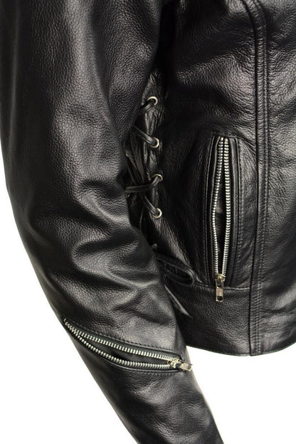 M Boss Motorcycle Apparel BOS22503 Women's Black Armored Motorcycle Leather Jacket with Back Lacing Detail