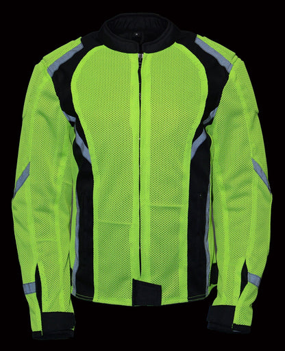 M Boss Motorcycle Apparel BOS22705 Wome'ns Hi-Vis Green Motorcycle Mesh Racer Jacket with Open Neck