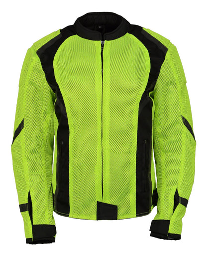 M Boss Motorcycle Apparel BOS22705 Wome'ns Hi-Vis Green Motorcycle Mesh Racer Jacket with Open Neck